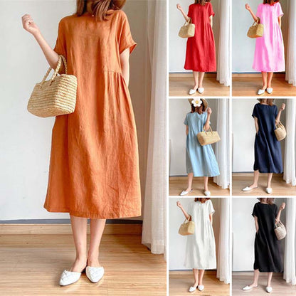 【M-4XL】🌈Едноцветна рокля от памучен лен