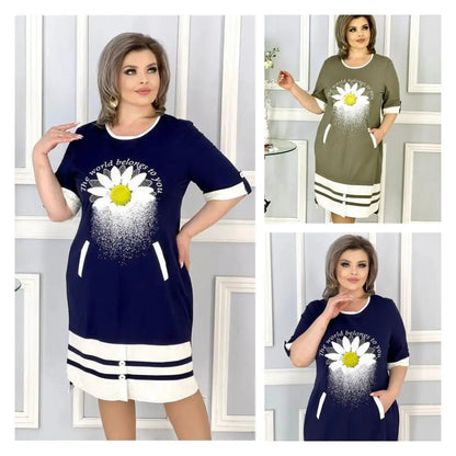 👗Печатана рокля с кръгло деколте и джобове