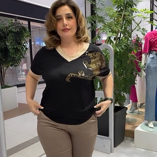 💐  Дамски елегантен печатан топ с V-образно деколте