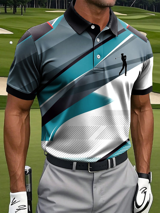 Мъжки ретро геометричен цвят блок изкуство печат случайни бизнес поло риза