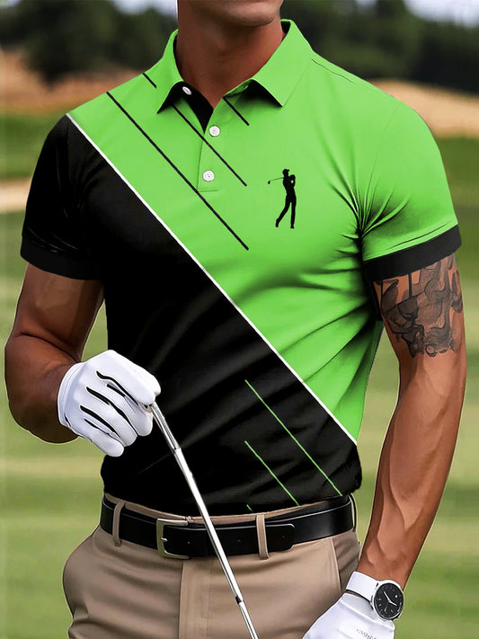 Мъжки ретро цвят блок линия изкуство печат случайни бизнес поло риза