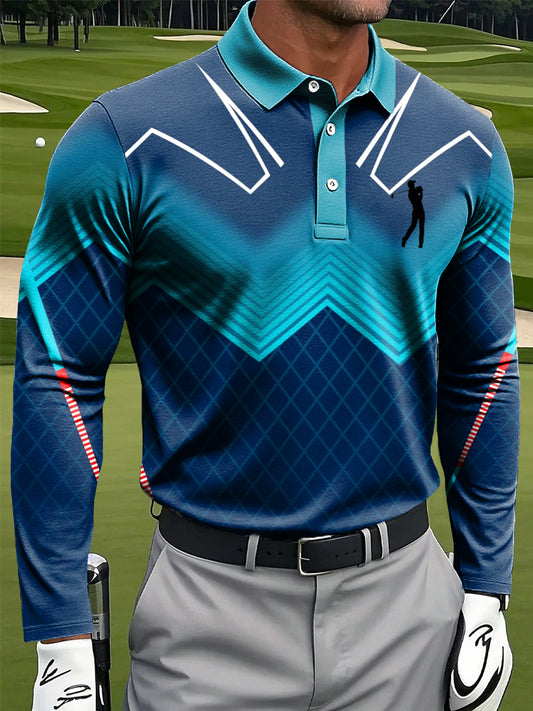 Мъжки ретро градиент линия изкуство печат случайни бизнес дълги ръкави поло риза