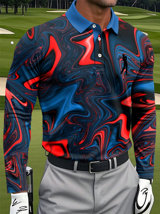 Мъжки артистични многоцветни мрамор текстура печат случайни бизнес дълги ръкави поло риза