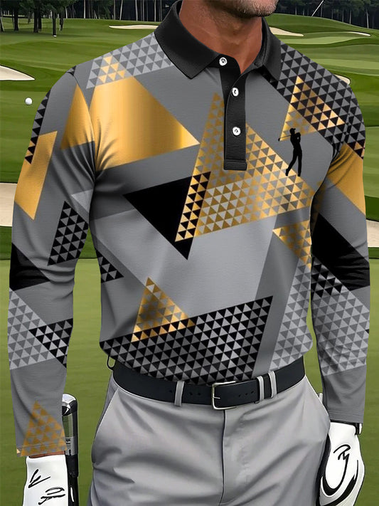 Мъжки абстрактни злато геометричен печат случайни бизнес дълъг ръкав поло риза