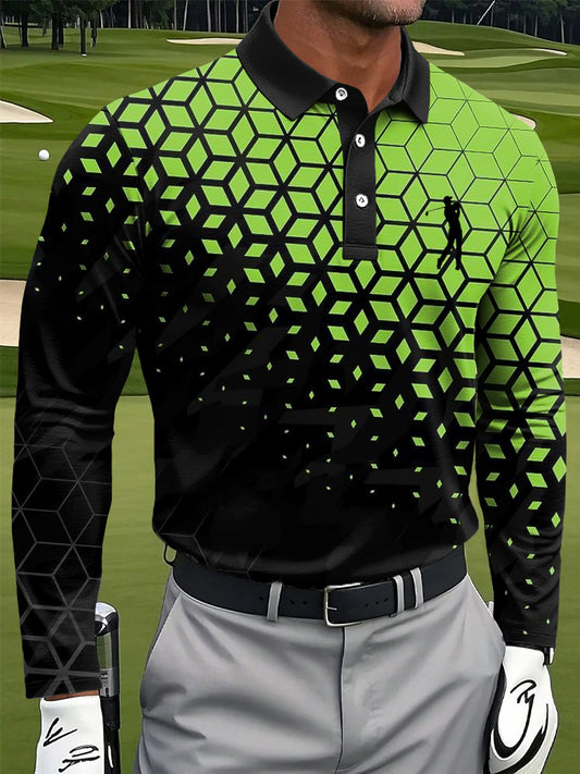 Мъжки абстрактен градиент геометричен печат случайни бизнес дълги ръкави поло риза