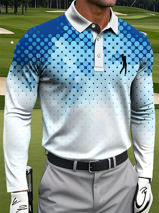 Мъжки класически градиент полка точка печат случайни бизнес дълги ръкави поло риза