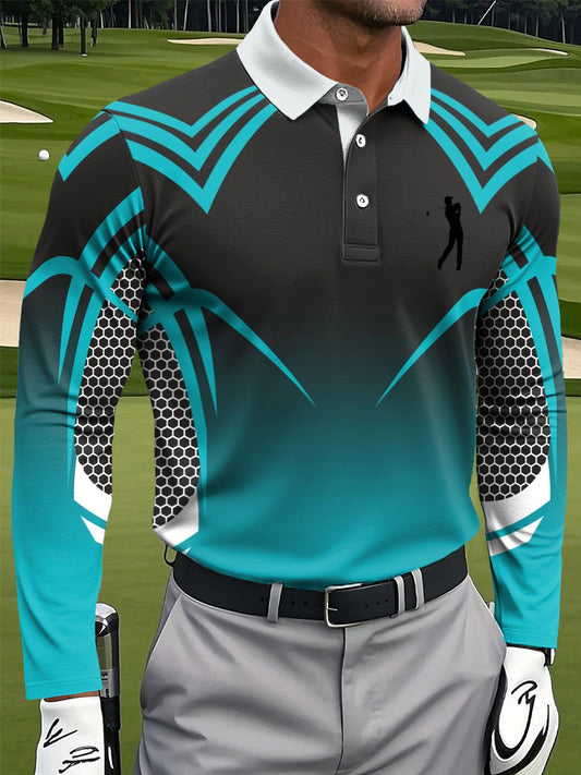 Мъжки ретро градиент геометричен печат случайни бизнес дълги ръкави поло риза