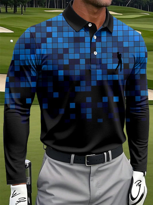 Мъжки ретро градиент каре изкуство печат случайни бизнес дълги ръкави поло риза