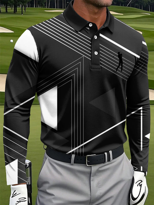 Мъжки ретро линия геометричен печат случайни бизнес дълги ръкави поло риза