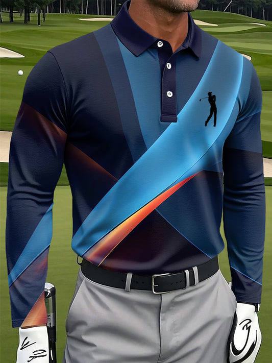 Мъжки ретро линия текстура изкуство печат случайни бизнес дълъг ръкав поло риза