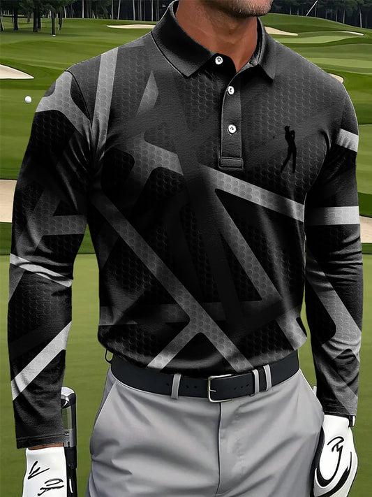 Мъжки ретро линия текстура печат случайни бизнес дълги ръкави поло риза
