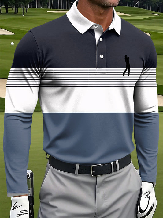 Мъжки ретро многоцветна ивица изкуство печат случайни бизнес дълги ръкави поло риза