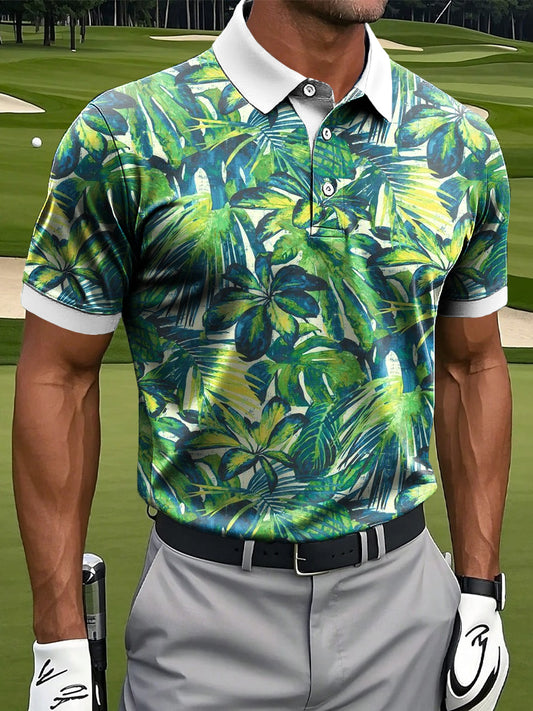 Мъжки хавайски тропически лист маслени бои изкуство печат случайни бизнес поло риза