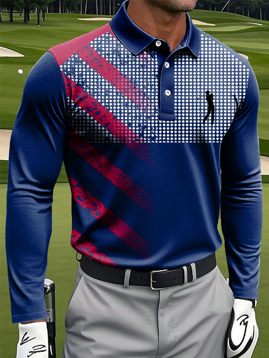 Мъжки абстрактна ивица полка точка сплайсиране печат случайни бизнес дълги ръкави поло риза