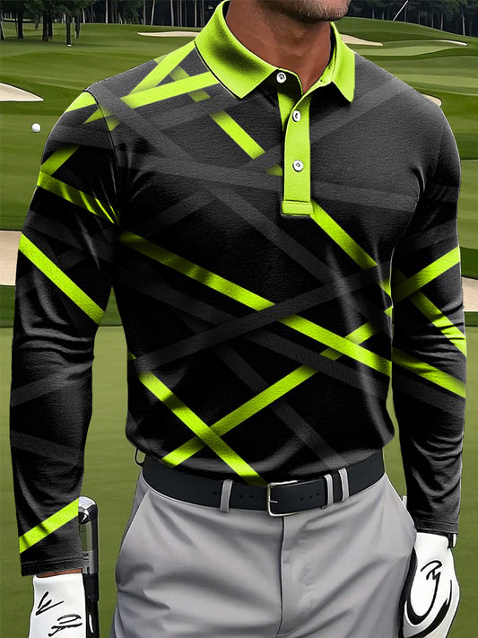 Мъжки ретро абстрактни цветни линия изкуство печат случайни бизнес дълги ръкави поло риза