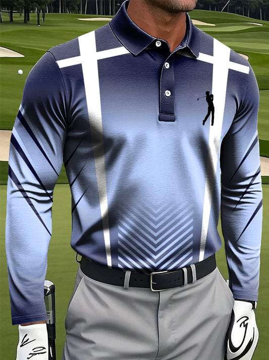 Мъжки ретро абстрактна градиент ивица изкуство печат случайни бизнес дълги ръкави поло риза