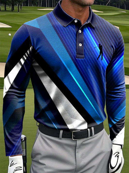 Мъжки ретро абстрактна линия изкуство печат случайни бизнес дълъг ръкав поло риза