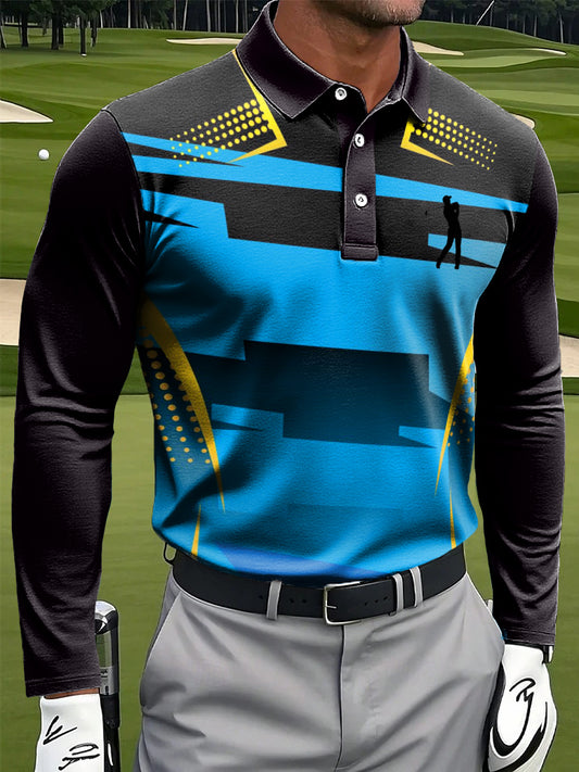 Мъжки ретро цветни геометрични изкуство печат случайни бизнес дълги ръкави поло риза