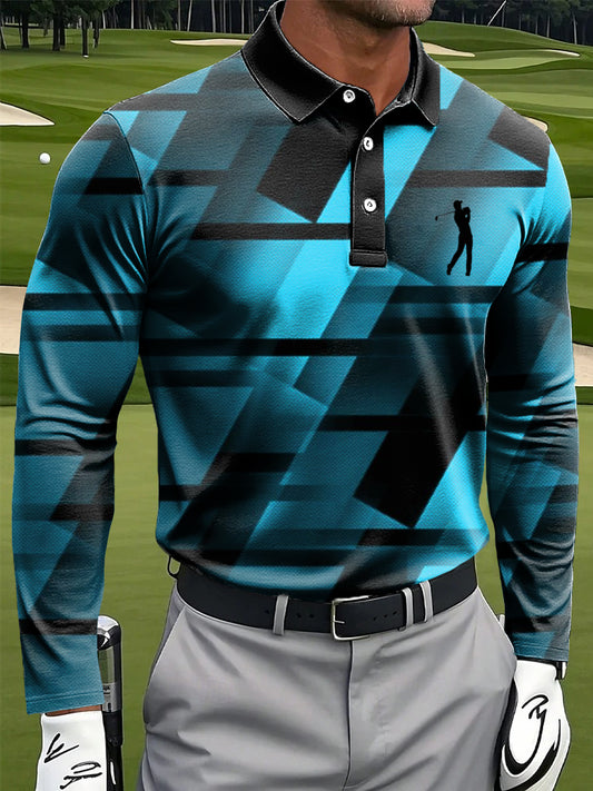 Мъжки ретро градиент геометричен изкуство печат случайни бизнес дълги ръкави поло риза