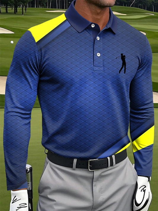 Мъжки ретро геометрична изкуство печат случайни бизнес поло с дълги ръкави