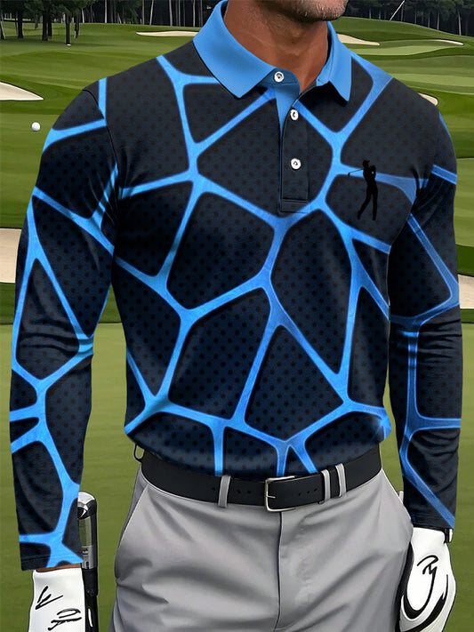 Мъжки ретро геометрична пачуърк изкуство печат случайни бизнес поло с дълги ръкави