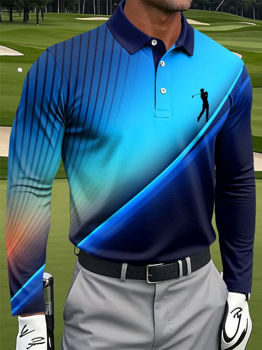 Мъжки артистични абстрактна цветна ивица текстуриран печат случайни бизнес поло с дълги ръкави