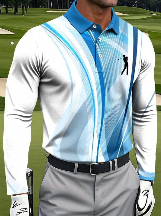 Мъжки ретро абстрактна линия вълна печат случайни бизнес с дълги ръкави поло риза