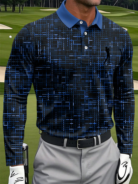 Мъжки ретро абстрактни линии неправилен печат случайни бизнес с дълги ръкави поло риза