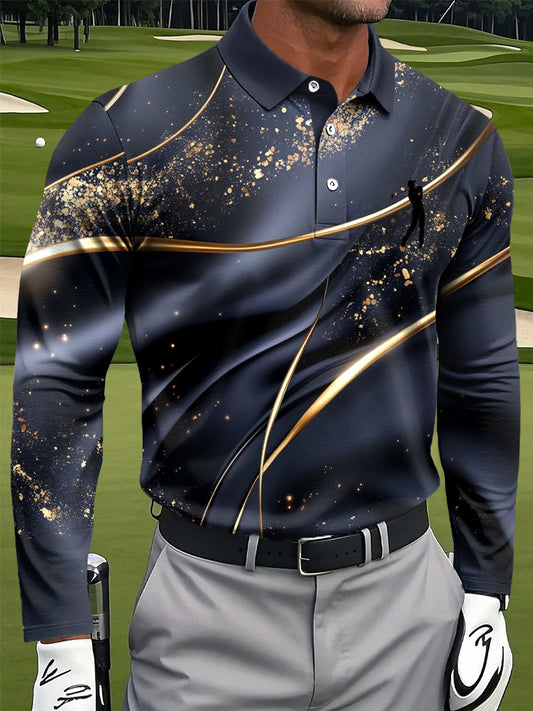 Мъжки ретро абстрактна ивица текстуриран печат случайни бизнес поло с дълги ръкави