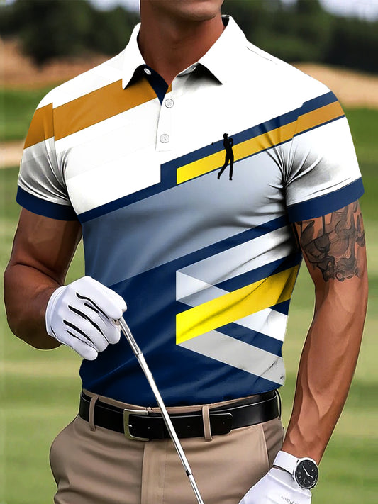Мъжки голф неправилна геометричен цвят блок изкуство печат случайни бизнес поло риза