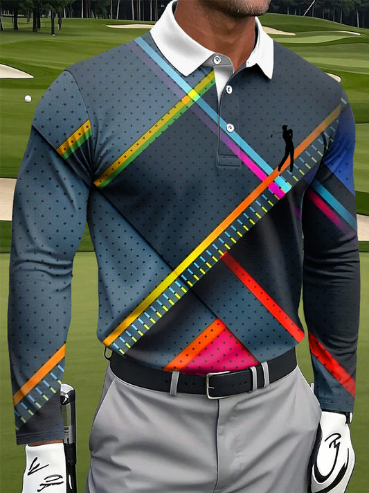 Мъжки ретро колоритен картинен артистичен печат случайни бизнес поло с дълги ръкави