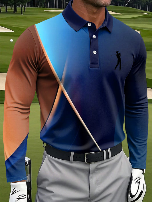 Мъжки ретро цветни градиент ивица печат случайни бизнес с дълги ръкави поло риза