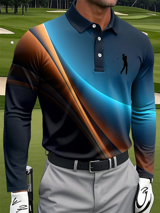 Мъжки ретро градиент ивица текстурирани изкуство печат случайни бизнес поло с дълги ръкави