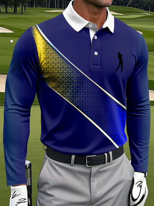 Мъжки ретро раиран градиент текстура изкуство печат случайни бизнес с дълги ръкави поло риза