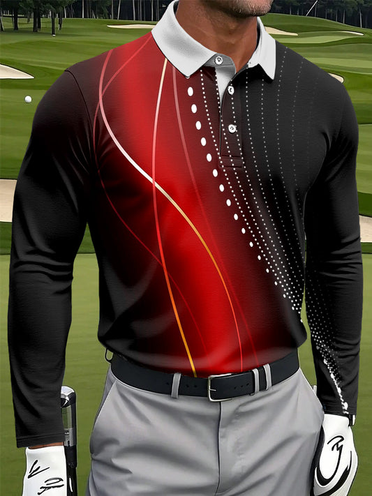 Мъжки ретро раирана текстурирана печат случайни бизнес поло с дълги ръкави