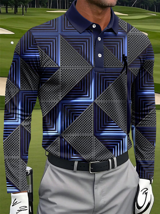 Мъжки ретро симетричен геометричен печат случайни бизнес поло с дълги ръкави
