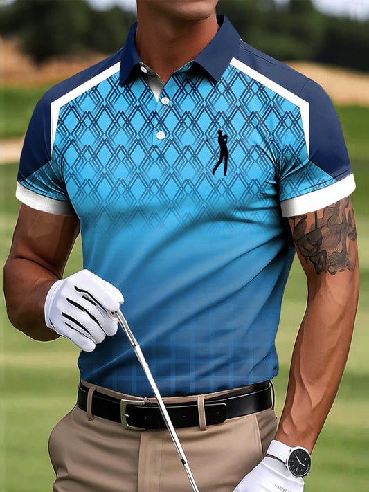 Мъжки голф градиент геометричен пачуърк изкуство печат случайни бизнес поло риза