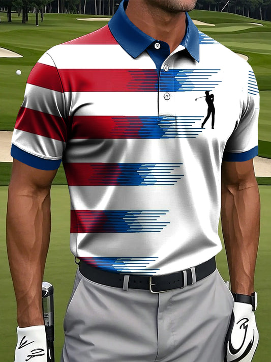 Мъжки ретро градиент цвят райета артистичен печат случайни бизнес поло риза